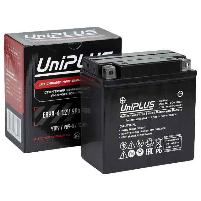 Аккумулятор UniPLUS 9 Ач 100 А (EN), прямая полярность, YB9-B